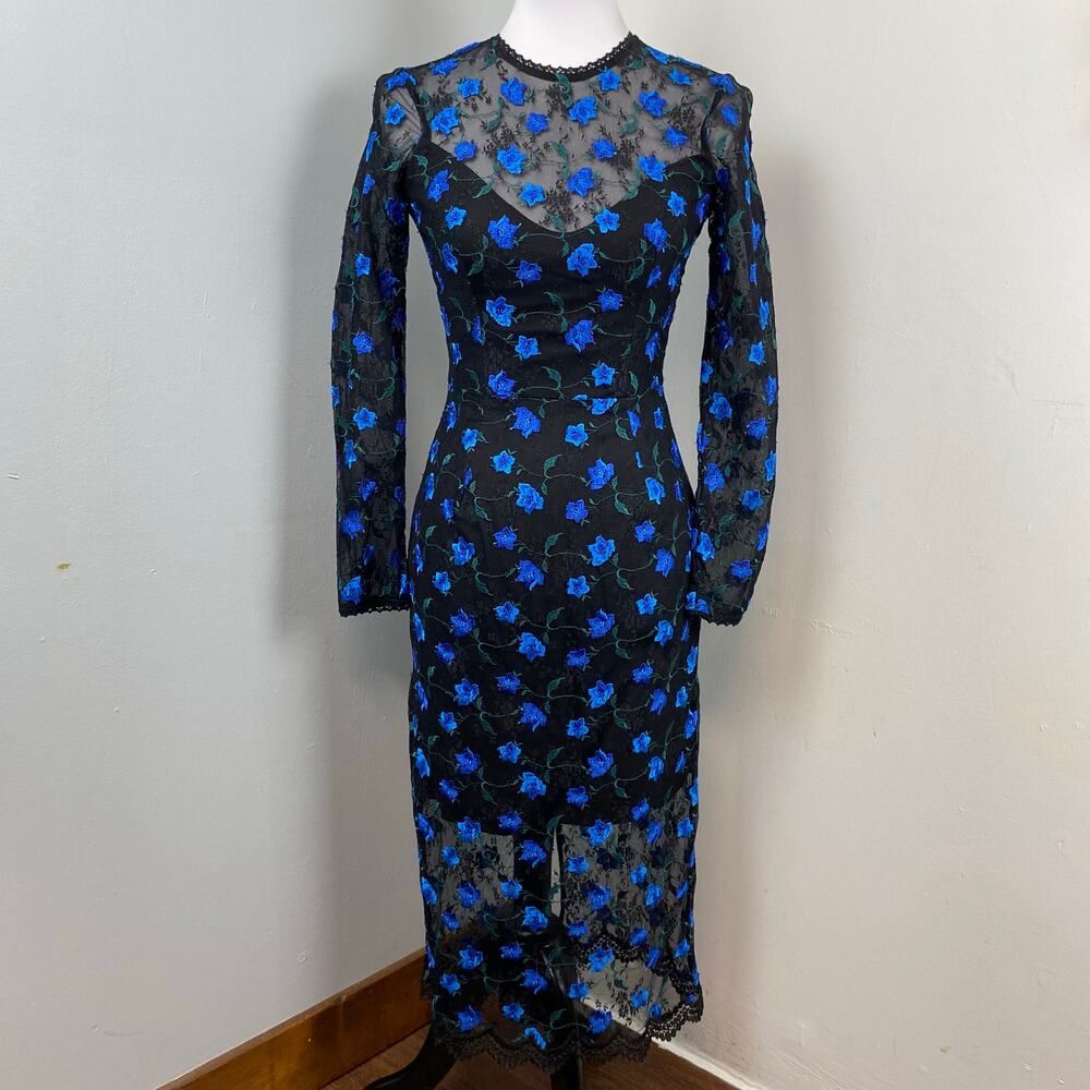 Dress The Population Sophia Indigo Embroidered Lace Illusion Dress Small - Picture 5 of 12
